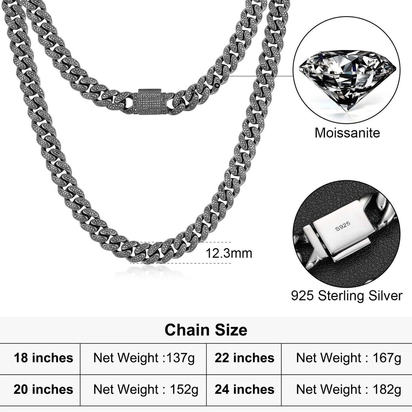 12mm Black/Black Cuban Link Chain/Bracelet