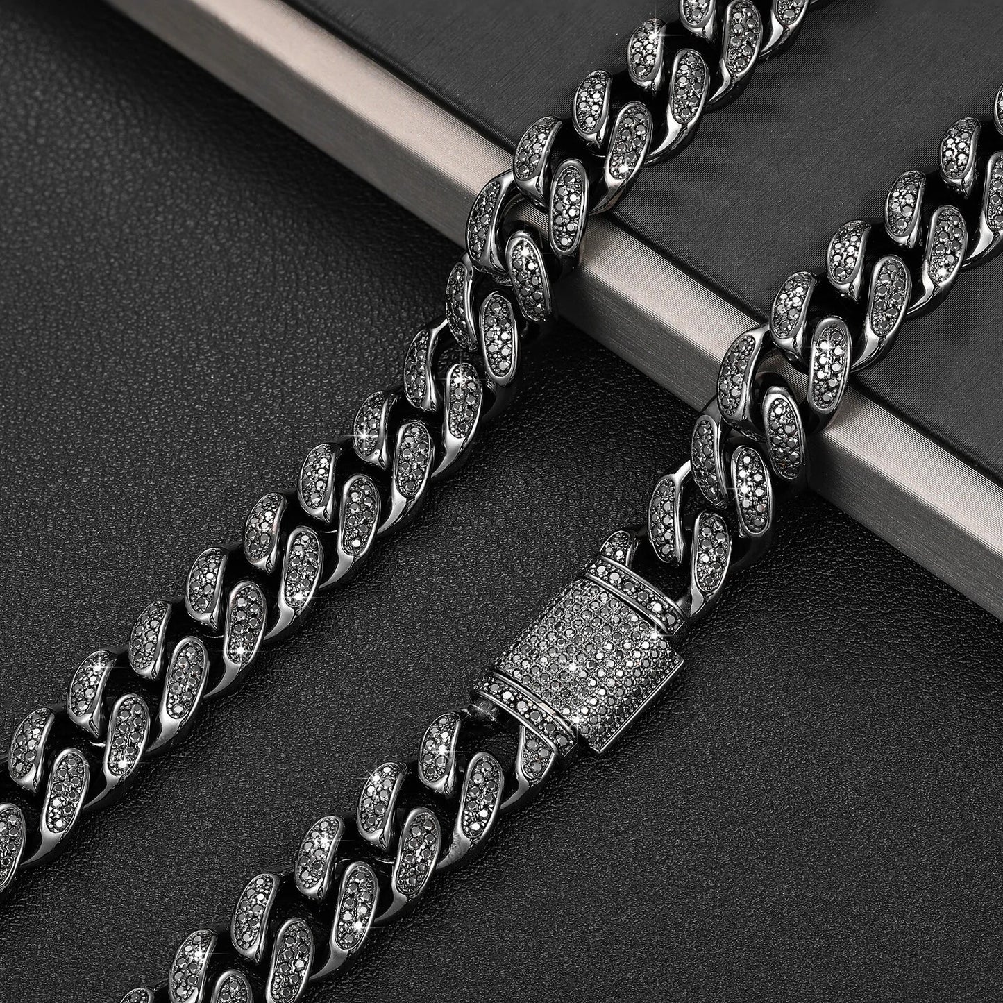 12mm Black/Black Cuban Link Chain/Bracelet